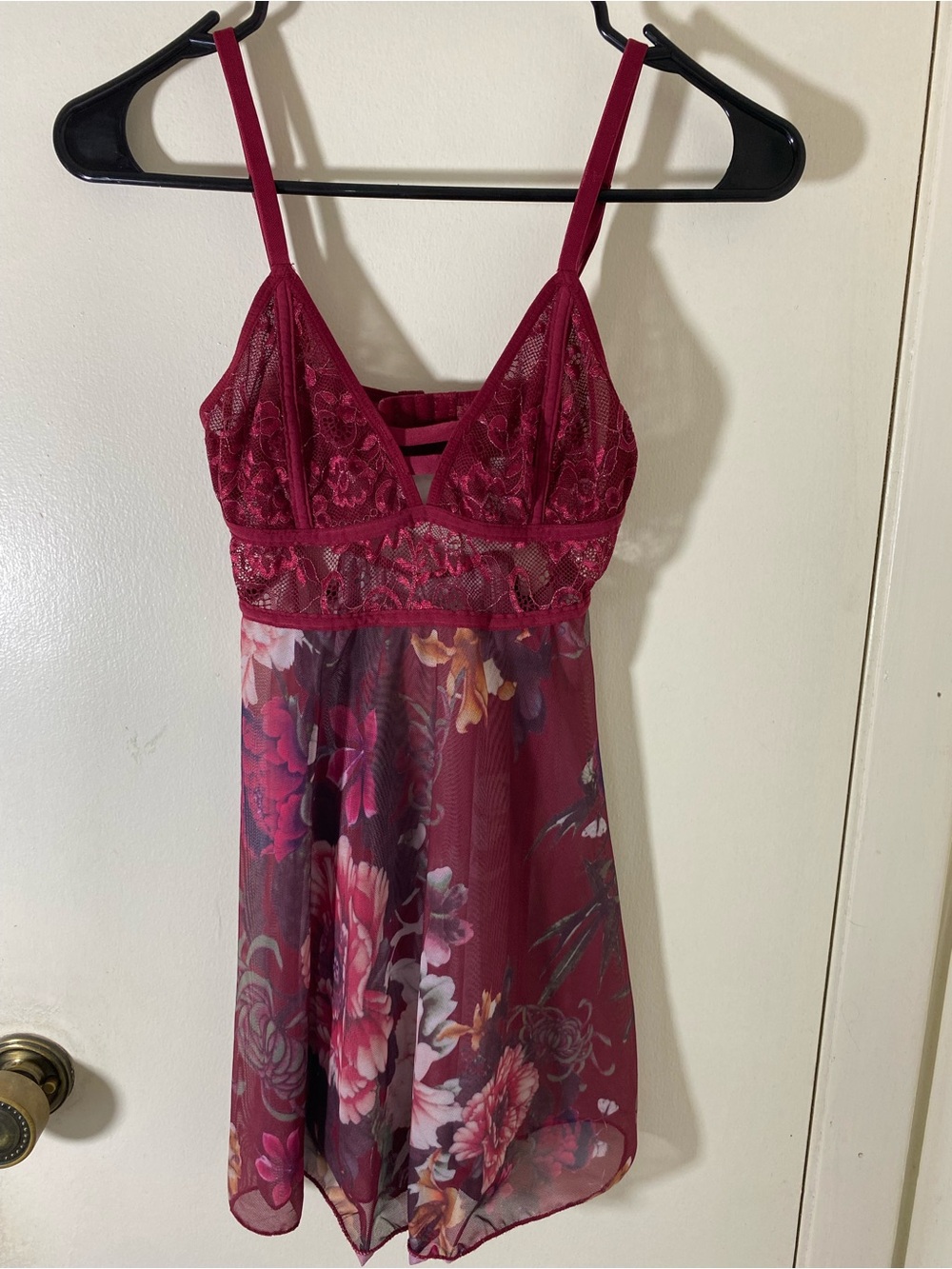 Women's Burgundy Floral Lace Babydoll Chemise